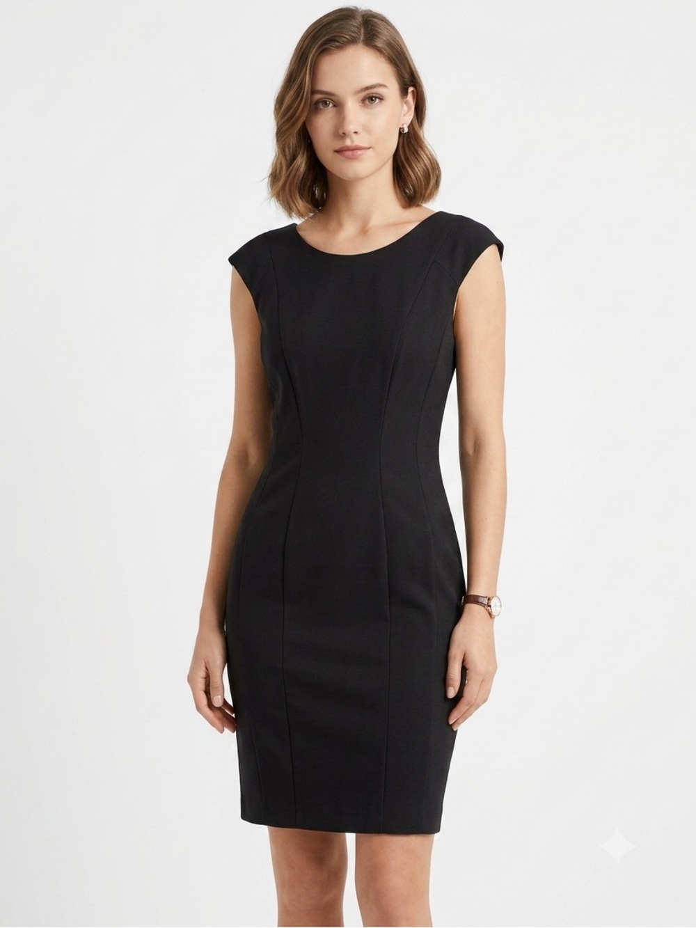 ⁠HM Black Pleated Cap Sleeve Sheath Dress Size 8 Tailored Little Black Dress LBD